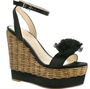 Jessica Simpson Black Platform Wedge Sandals Espadrille Floral Ankle Strap Sz 6
